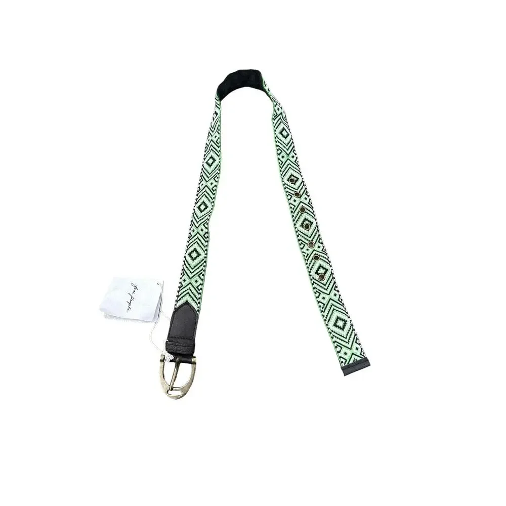 Free People Moving To Mars Cotton Leather Aztec Print Belt Green Size M/L